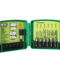 Metal Drill And Tap Kit For Greenlee With Quick Change Adapter Pro Grade Six Piece Drill Tap Deburring Set One Step Drilling Tapping And Countersinking 6 32 To 1 4 20 Sizes Hardened High Speed Steel For Long Life in green case