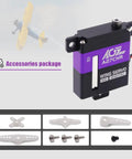 Heavy Duty Digital High Torque Micro Wing Servo Pumping Out A Serious Eleven Point Four Kilogram Pull With Brushless High Performance Motor Action Plus Tough Cnc Aluminum Housing Built For Wild Rc Car Swaps, showing servo and accessories.