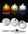 24 Pack Flickering LED Tea Lights With Timer 6 Hour Auto On Off Battery Operated Flameless Tealights showing size and batteries