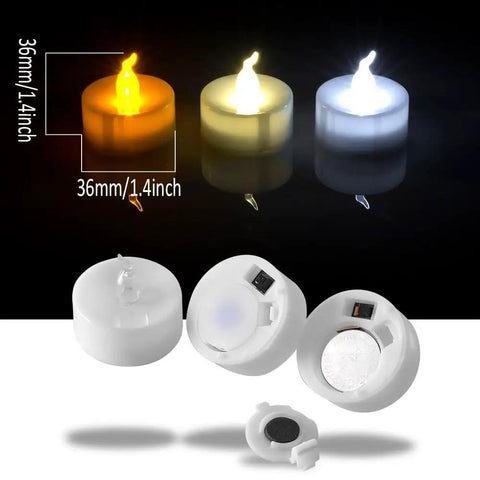 24 Pack Flickering LED Tea Lights With Timer 6 Hour Auto On Off Battery Operated Flameless Tealights showing size and batteries