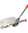 Side view of Amazon YATOINTO 1-1/2 ton come-along winch with 50 ft rope, two hooks, red grip