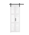 3 Lite Glass Bi Fold Barn Doors, 30 By 84 Inch Slab With 2.83 Ft Sliding Hardware Kit, front view showing glass panels and hardware