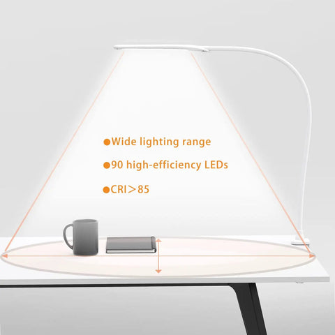 LED Clip On Desk Lamp with Clamp for Home Office Adjustable Swing Arm Touch Control 9W Power 3 Color Modes illuminating a desk