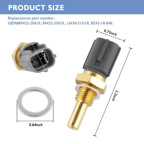 Engine coolant temperature sensor with brass threaded probe and gray plastic connector, includes O-ring

Side view of engine coolant temperature sensor showing brass hex nut and gray connector

Close-up of brass sensor tip with threaded shaft and white O-ring seal

Assembled view of coolant temperature sensor with gray connector and brass probe