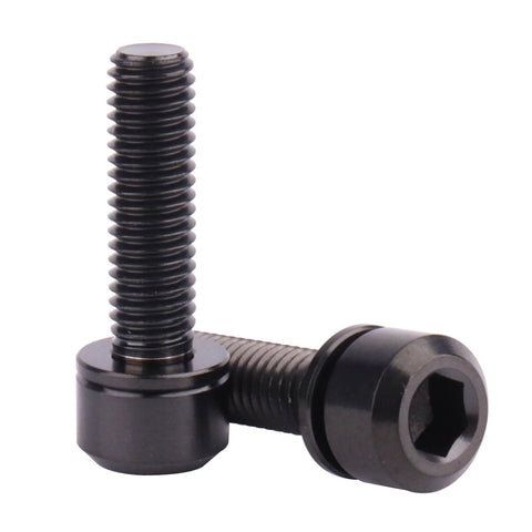 Black M5 hex-socket bolt with washer and chamfered head for bicycle stem components; 2-pack
