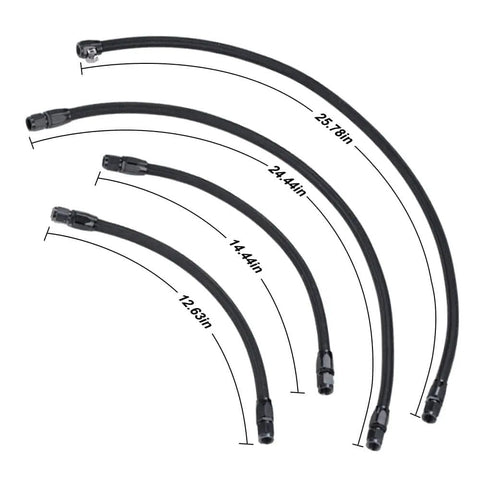 Four braided nylon and stainless steel hoses with dimensions for Braided Nylon And Stainless Steel Steam Vent Hose Kit For LS Engine Family LS1 LS2 LS6 LSX LM7 Front And Rear Ventilation With Complete Coolant Intersection Pro Grade CPE NBR Lines.