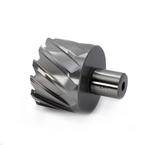 Annular cutter, side view, 2-inch diameter, 1-inch depth of cut, Weldon shank for magnetic drill press.