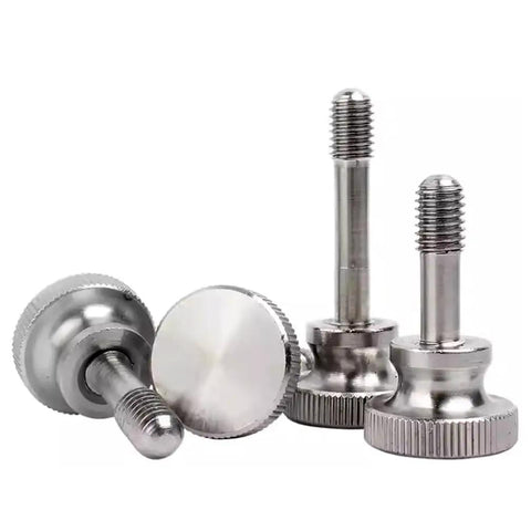 M3x20mm Captive Screws With Knurled Thumb Heads, Stainless Steel, 4 Pack, laying on white surface, showing threaded and smooth heads