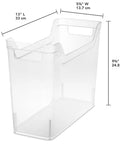 Clear Plastic Shelf Bin Organizer With Open Top Handles For Easy Closet, Cabinet And Pantry Storage Stackable Totes, Narrow Design Fits Standard Shelving, Office And Home Organization 6 Pack showing dimensions