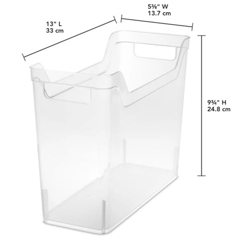 Clear Plastic Shelf Bin Organizer With Open Top Handles For Easy Closet, Cabinet And Pantry Storage Stackable Totes, Narrow Design Fits Standard Shelving, Office And Home Organization 6 Pack showing dimensions
