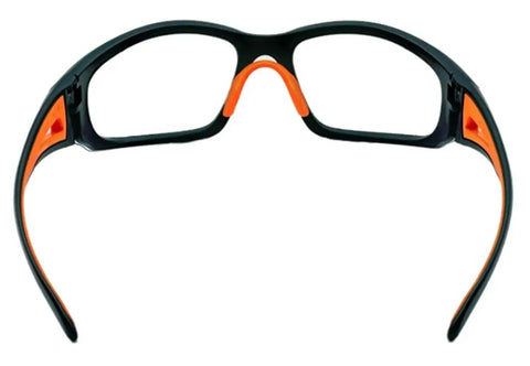Top Shelf Industrial Safety Glasses With Vibrant Orange Frame Clear Anti Fog Lenses Scratch Resistant High Impact Shield Ansi Z87 Certified Uv400 Eye Protection Clutch For The Job Site Bad Boy Gear rear view angle