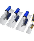 Pro Grade Tile Trowel Kit With Stainless Steel Square Notched Trowels 3 Piece Set Plus Margin Trowel For Wall And Floor Tile Installation Ergonomic Handles Aluminum Shank No Rivets Durable Masonry Tools displayed with blue and yellow ergonomic handles