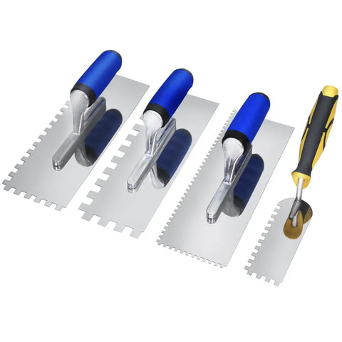 Pro Grade Tile Trowel Kit With Stainless Steel Square Notched Trowels 3 Piece Set Plus Margin Trowel For Wall And Floor Tile Installation Ergonomic Handles Aluminum Shank No Rivets Durable Masonry Tools displayed with blue and yellow ergonomic handles