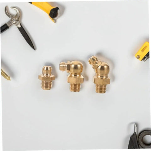 9 Piece Grease Fitting Kit With Copper Nozzle Caps For Cars And Trailers, includes straight and angled nipples on white surface
