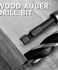 Wood auger drill bit with 1/4-inch hex quick-change shank, 12-inch length (side view)