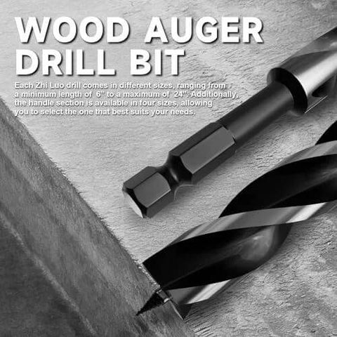 Wood auger drill bit with 1/4-inch hex quick-change shank, 12-inch length (side view)