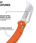Hawkbill Pocket Knife With Stainless Steel Blade For Cable Skinning And Line Work Ambidextrous Bar Lock Orange Handle