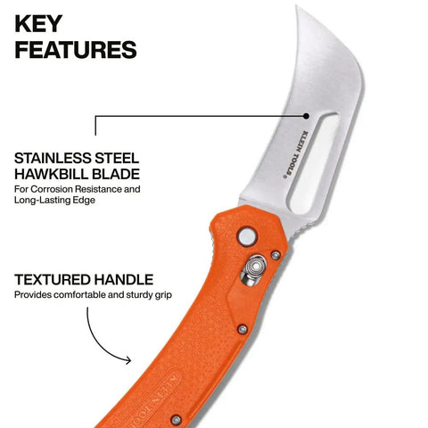Hawkbill Pocket Knife With Stainless Steel Blade For Cable Skinning And Line Work Ambidextrous Bar Lock Orange Handle