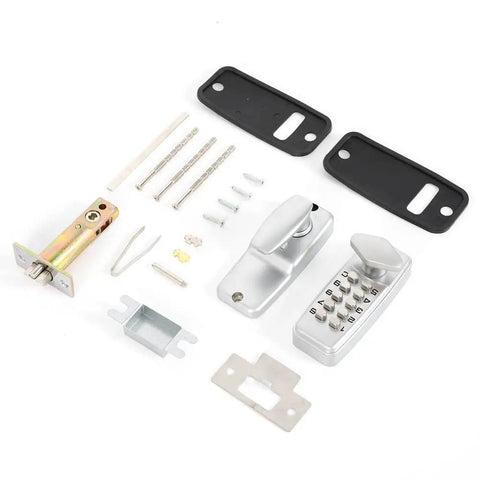 Keyless Digital Door Lock Set With Push Button Code Entry For Home And Business, parts layout with aluminum body and steel internals