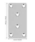 Stainless Steel Flat Plate Brackets Six Piece Set For Furniture Repair And Wood Joining with dimensions labeled