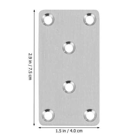 Stainless Steel Flat Plate Brackets Six Piece Set For Furniture Repair And Wood Joining with dimensions labeled