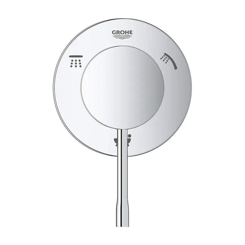 Front view of All-In-One 3-Way Shower Diverter Valve Trim Kit in Starlight Chrome showing control icons for shower, handheld, and tub spout.