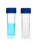 Two clear plastic 5 ml graduated test tubes with blue screw caps, one filled with blue liquid