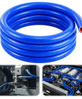 Blue silicone heater hose coil, 3/4-inch ID, 10 ft, automotive cooling with installation views