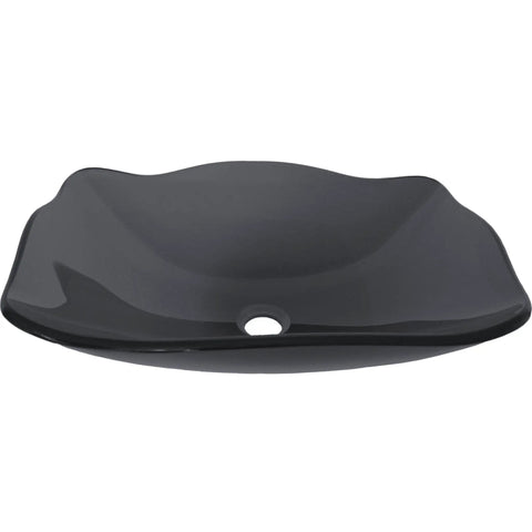 Oblong Fluted Clear Black Glass Vessel Sink For Above Counter Install Tempered Scratch Resistant Non Porous Vessel With Standard 1.75 Inch Drain Opening And Easy Install For A Modern Bathroom Upgrade 20 By 15 By 5.5 Inches in side view showing fluted edges and central drain opening.