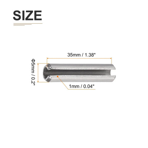 5mm x 35mm Slotted Spring Pin Set, 20 Pack, 304 Stainless Steel Dowel Roll Pin with dimensions labeled