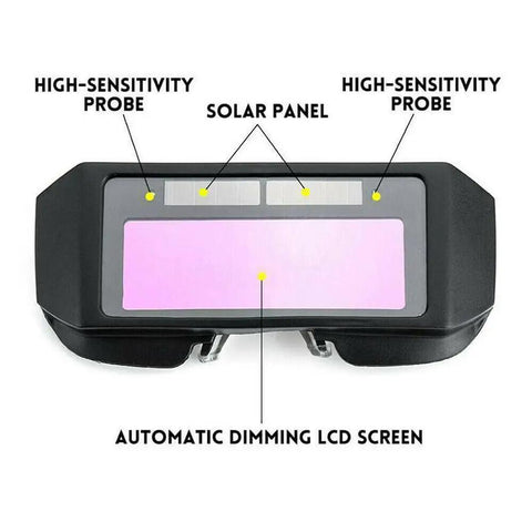 Knockout Proof 2 Pack Solar Auto Darkening Welding Goggles With Crystal Clear Lenses and Cushioned Headgear showing solar panel and LCD.
