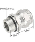 Close-up of a 1/2 inch NPT stainless steel waterproof cable gland, IP68 rated, for 6-12mm cables, showing dimensions and threading.
