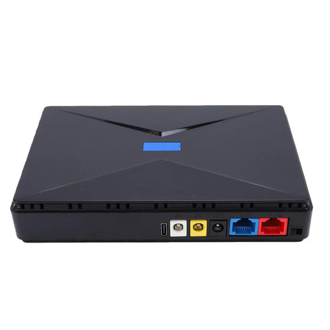 Mini UPS Battery Backup For Routers And Modems 8800mAh Uninterruptible Power Supply backside view with ports for connectivity.