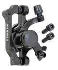 Built Tough Mechanical Disk Brakes Featuring Front 180 Millimeter And Rear 160 Millimeter Calipers black brake caliper with mounting screws.