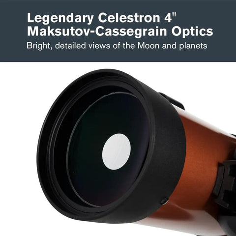 Close-up of NexStar 4SE Computerized Telescope With 4-Inch Maksutov-Cassegrain Optics lens, orange tube visible