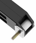 Close-up of Barn Door Soft Close Kit for Barn Wood Doors with Spring Buffer Damper and Sliding Rail Mechanism in black.