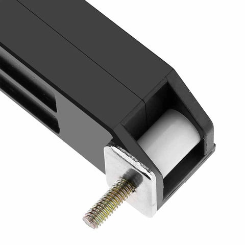 Close-up of Barn Door Soft Close Kit for Barn Wood Doors with Spring Buffer Damper and Sliding Rail Mechanism in black.