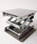 Stainless steel lab jack lift stand with scissor mechanism and 8x8 in flat top.