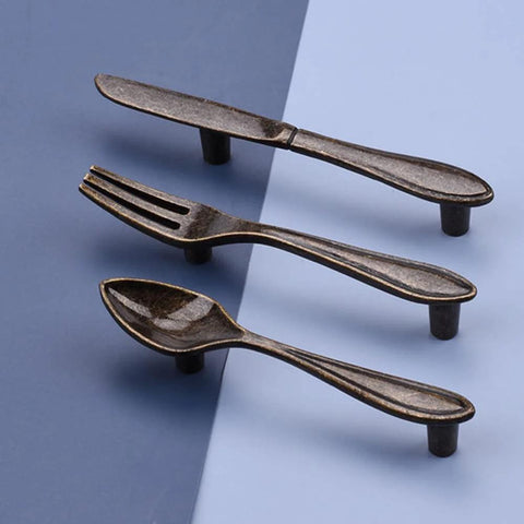 Bronze Kitchen Cabinet Pulls Spoon Knife And Fork Shapes 3 Inch Center To Center Mounting Holes Zinc Alloy Handles Set for cabinets drawers
