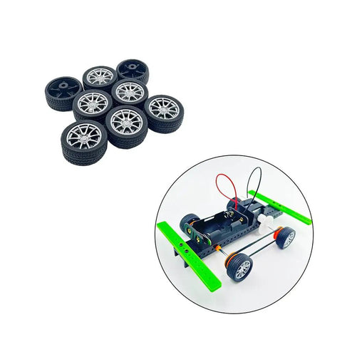 8 Pack RC Car Wheels With Rubber Tires And Metal Axles For DIY Toy Builds, Easy Install, shown with assembly example