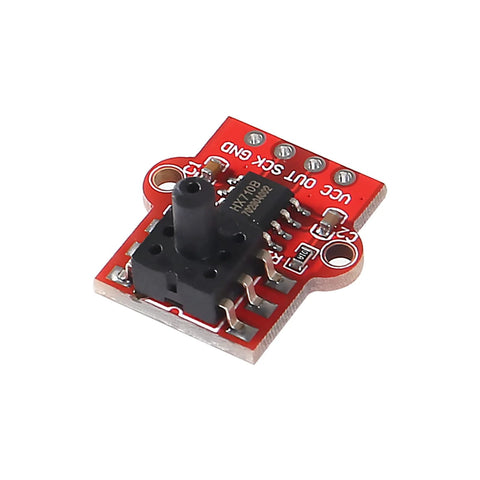 Front view: AEDIKO air pressure sensor module on red PCB with 2.5mm tubing port and 3.3–5V digital output