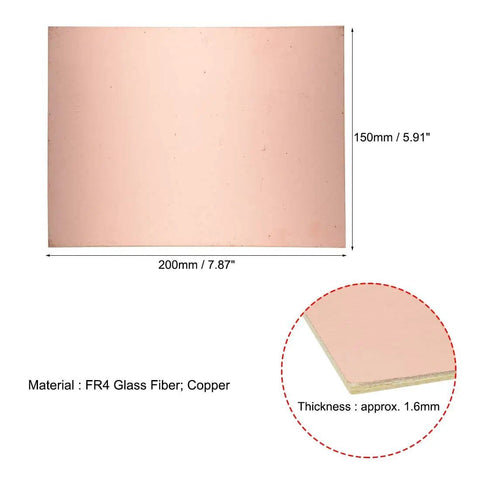 Single Sided Copper Clad FR4 PCB Laminate Board 200x150mm 7.87x5.91 Inch 1.6mm Thick with measurements and material details.