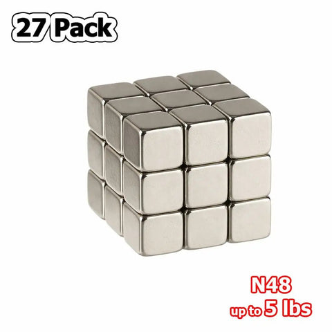 Super Badass N48 Neodymium Cube Magnets 1/4 Inch 6Mm Size in a 27 pack, heavy-duty metal cubes for strong holding power.