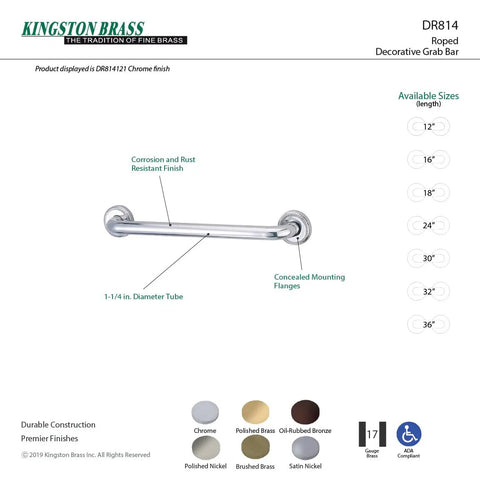 Diagram of Kingston Brass DR814 Roped Decorative Grab Bar with 1-1/4 inch diameter tube, available in various finishes and sizes.