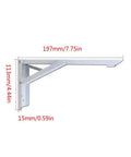 White Heavy Duty Folding Wall Shelf Brackets, L Shape Triangle Corner Supports With Screws side view showing dimensions.