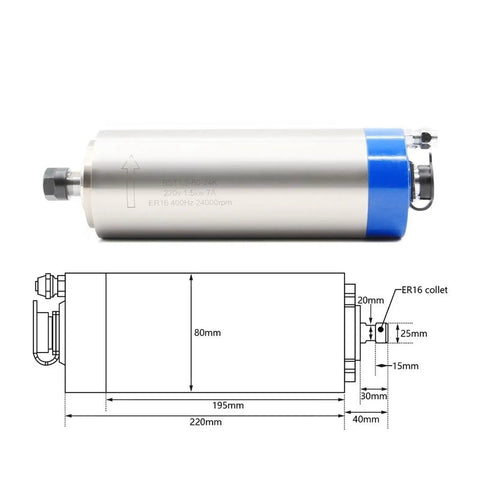 Heavy Duty Water Cooled Spindle Motor 1.5Kw Er16 Rock Solid Workhorse For Cnc Routers 110V 400Hz showing dimensions and design.