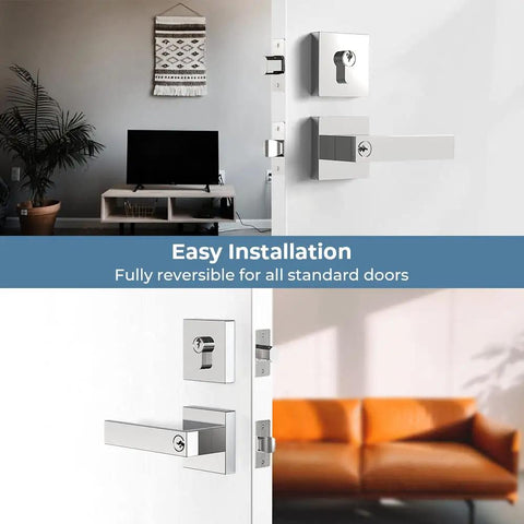 Two Pack Keyed Entry Lever and Deadbolt Lockset With Polished Chrome Finish, Keyed Alike Exterior Door Levers shown on a door