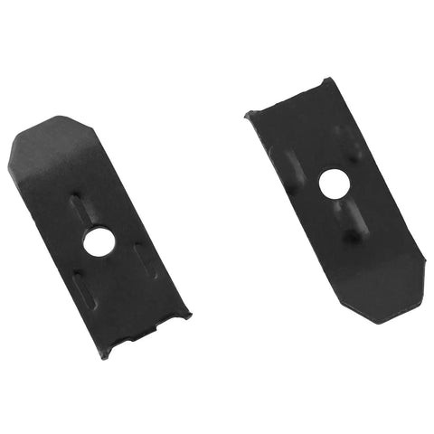 Set Of Twenty Black Iron Table Leveling Clips With Matching Screws Heavy Duty Furniture Stabilizers for Wobbly Dining Tables and Cabinets close-up of shims