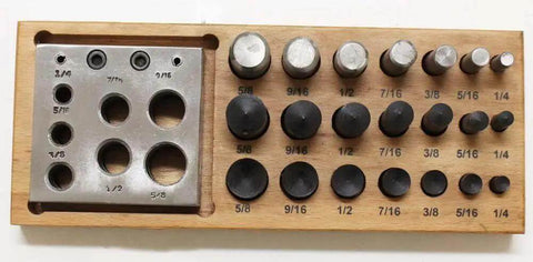 Twenty One Piece Disc Cutter Set With Flat Concave And Convex Tops In A Handy Wooden Tray For Metal Shaping And Clean Disc Cuts
