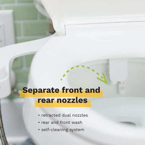 Separate front and rear nozzles of Element No Electricity Required Bidet Attachment With Front And Rear Self Cleaning Nozzles Slim Modern Design Pressure Control Dial Ambient Temperature Ready Easy Install No Fuss White Bathroom Upgrade